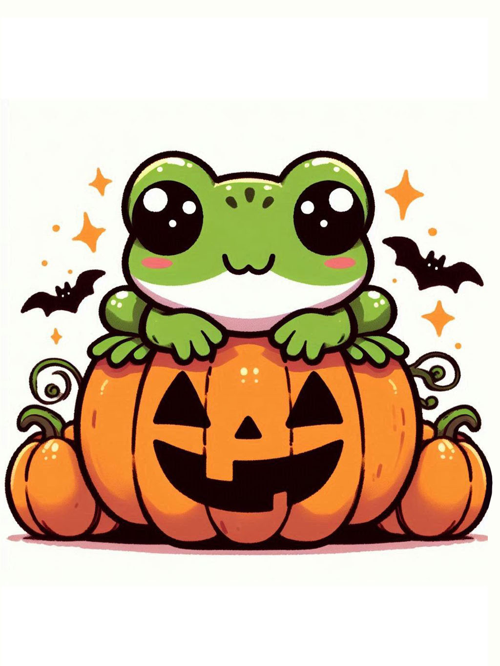 halloween frog drawing ideas: An adorable frog perches atop a carved pumpkin surrounded by tiny bats and stars.